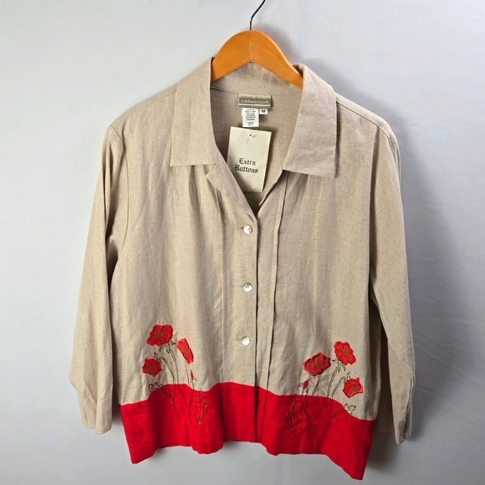Coldwater Creek Beige Linen Blend Embroidered Red Floral Button Jacket Top Sz 16